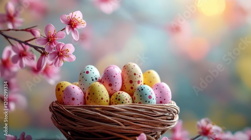 Vibrant easter egg basket with colorful flowers for festive celebrations