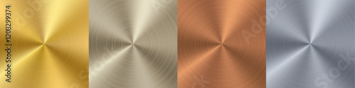 Silver gold circle gradient palette. Bronze aluminum brushed plate. Metal material radial glossy surface sheet. Holographic stainless steel texture background. Chrome platinum finish vector foil shine