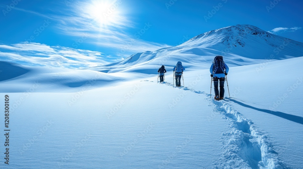 Winter Hiking Adventure: Three Hikers Trek Across Snowy Mountain Landscape Under Bright Sun Winter Hiking Adventure: Three Hikers Trek Across Snowy Mountain Landscape Under Bright Sun