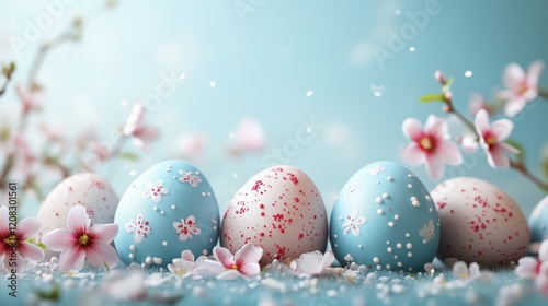 Colorful easter eggs with spring flowers on periwinkle background for holiday decor