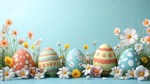 Easter celebration poster and banner template with colorful eggs and flowers