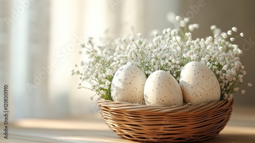 Rustic easter eggs with delicate gypsophila in wooden basket for spring decor