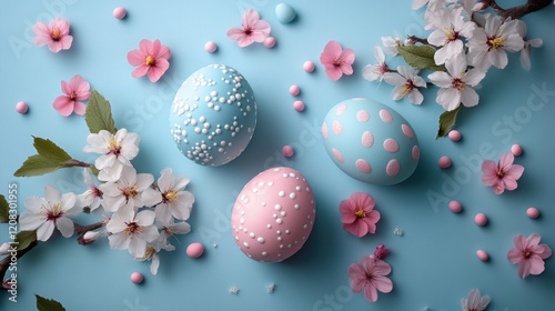 Colorful easter eggs and spring flowers flat lay for festive decor and celebration inspiration