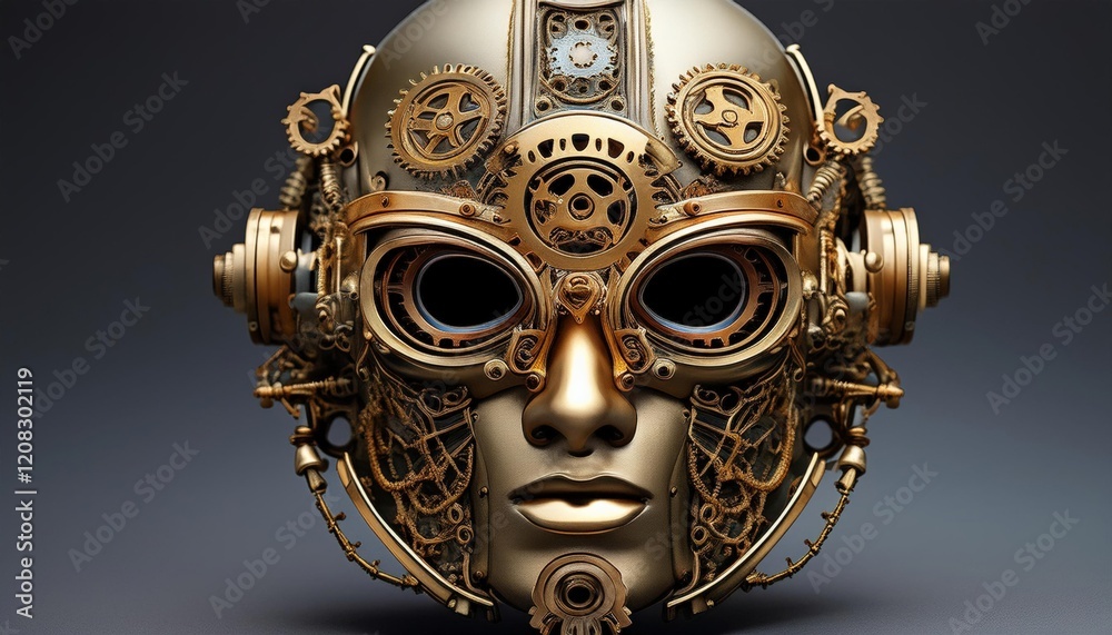 Fototapeta premium A mechanical face mask adorned with intricate gears and metallic details, embodying the essence of steampunk with its elaborate craftsmanship and vintage industrial aesthetic.