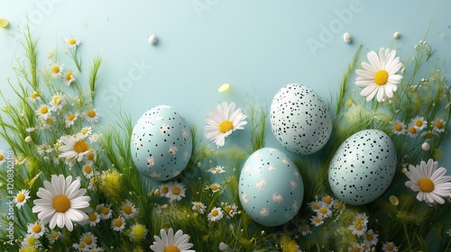 Vibrant easter eggs and spring flowers top view for holiday decor