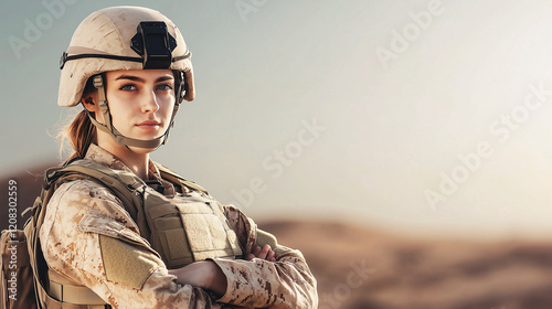 Мilitary woman in a beige camouflage uniform and helmet stands with arms crossed in a desert setting, with space for text