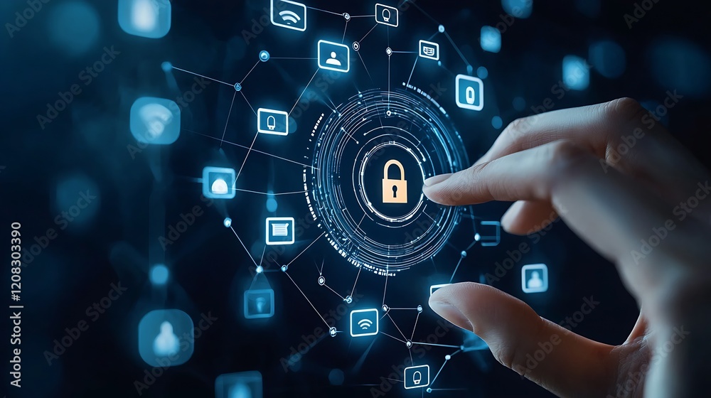 Digital cybersecurity concept with hand pointing at lock and technology interface : Generative AI Digital cybersecurity concept with hand pointing at lock and technology interface : Generative AI