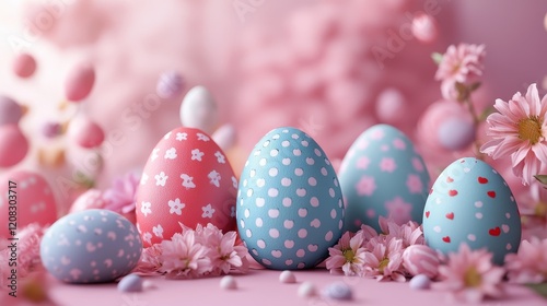 Vibrant easter theme with colorful decorated eggs and spring flowers for festive design photo