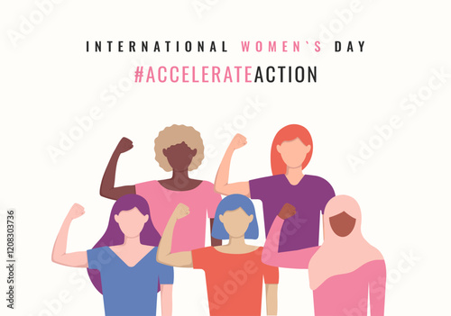 Accelerate Action International Women's Day horizontal banner with diversity ladies in faceless style. Girls different ethnicities in pose of accelerateaction hands strength. IWD 2025