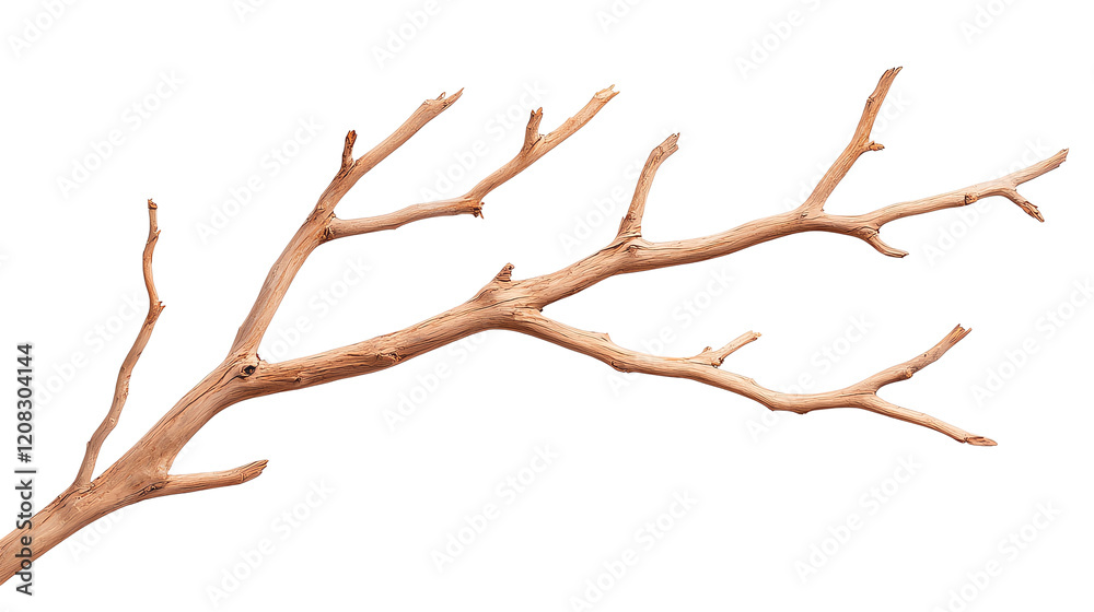 Fototapeta premium A dry, intricately branched twig rests against a plain background. Its textured surface and natural shape evoke a sense of simplicity and the beauty found in natural forms.