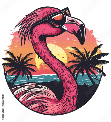 Flamingo standing on the beach with palm trees and water generative ai

