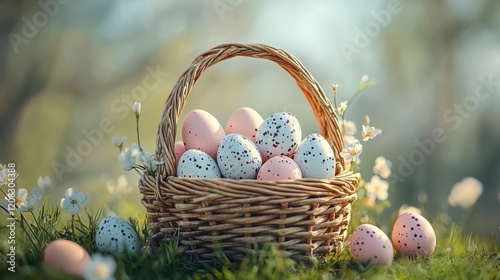 Easter basket with pastel eggs amidst spring blossoms for festive decor
