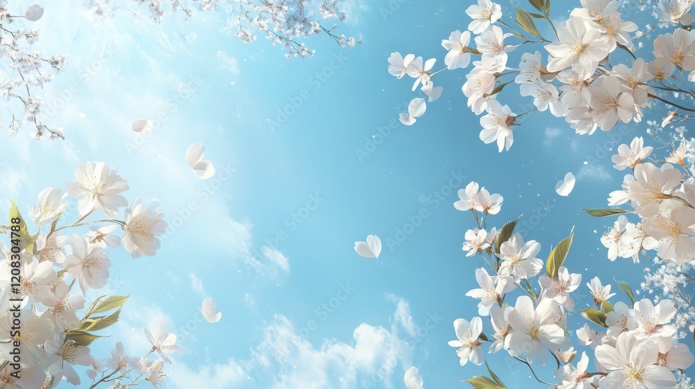 Fototapeta premium Cherry blossoms against a bright blue sky with gentle clouds