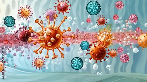 White blood cell attacking virus in human body