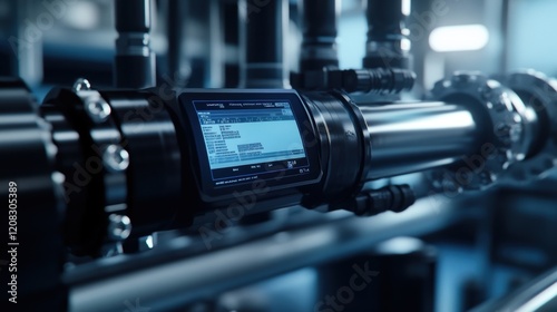 Modern digital sensor attached to an industrial pipeline displaying real time data and diagnostics in a high tech factory setting, enhancing efficiency and monitoring crucial parameters photo