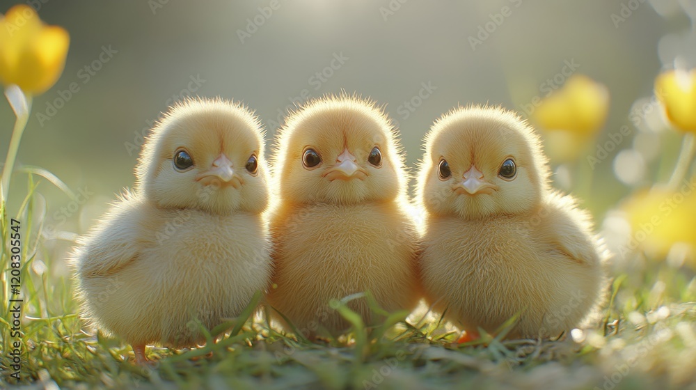 Ultra realistic easter scene with three baby chickens in sunlit meadow