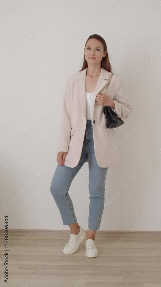 Three outfits with jeans and jacket. Young beautiful woman dresses in blue jeans, white top, beige or black jacket, heeled sandals, sneakers, bag. Women's casual outfit. Women clothes. Vertical video. Three outfits with jeans and jacket. Young beautiful woman dresses in blue jeans, white top, beige or black jacket, heeled sandals, sneakers, bag. Women's casual outfit. Women clothes. Vertical video.