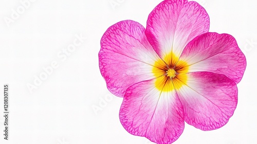 Bright Pink Primula Flower with Yellow Center Isolated on White Background