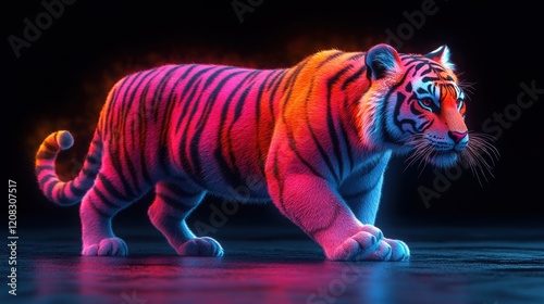 Vibrant neon tiger prowling in a dark environment with colorful lighting effects photo