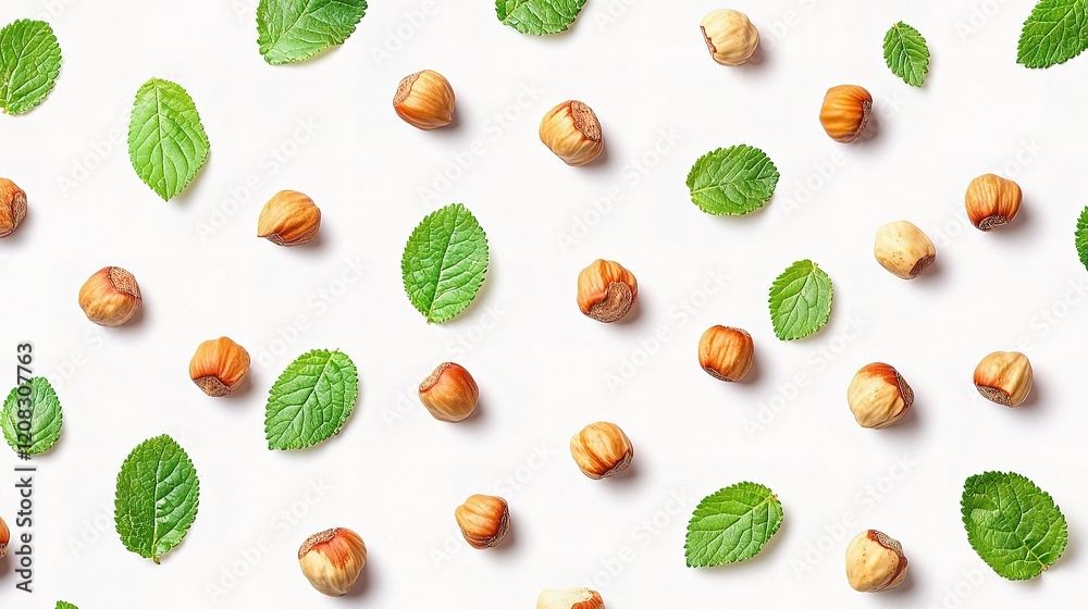 Fresh Hazelnuts and Green Leaves Neatly Arranged on White Background Fresh Hazelnuts and Green Leaves Neatly Arranged on White Background