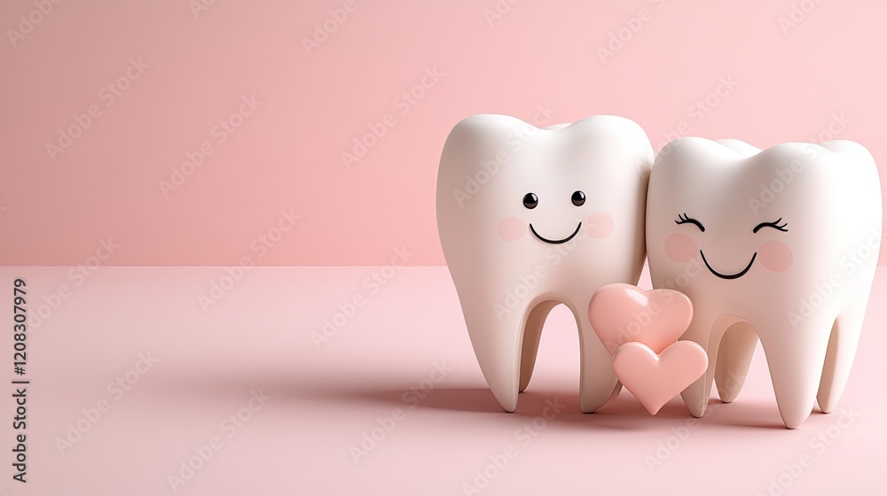 Two adorable tooth characters smile lovingly among pastel hearts and stars, perfect for promoting dental health and care Two adorable tooth characters smile lovingly among pastel hearts and stars, perfect for promoting dental health and care
