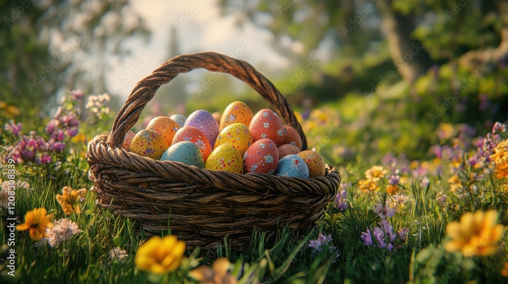 Colorful easter eggs in a basket amidst a lush garden setting for spring celebration Colorful easter eggs in a basket amidst a lush garden setting for spring celebration