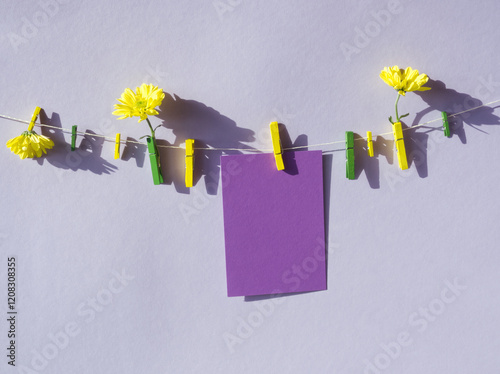 Mockup of purple folder card on light background. Purple paper sheet hang on rope, clothes pins, daisy flowers. Violet layout. Mockup, layout of blank paper sheet, colorful page, A5, text, template. photo