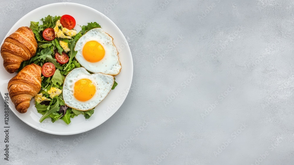 Enjoy a delightful top view of heart-shaped fried eggs, a croissant, and salad on a white plate for a perfect breakfast moment Enjoy a delightful top view of heart-shaped fried eggs, a croissant, and salad on a white plate for a perfect breakfast moment