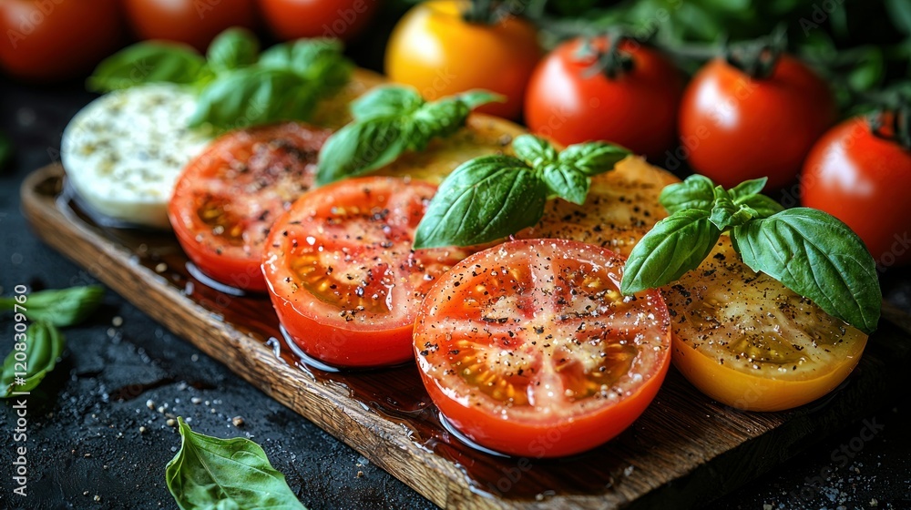 Sliced Tomatoes with Basil on Wooden Board Sliced Tomatoes with Basil on Wooden Board