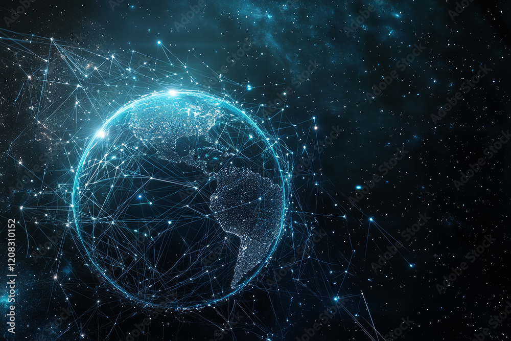 Obraz premium Futuristic Global Network with Digital Connections and Glowing Data Points in a Tech-Inspired Abstract Earth Design