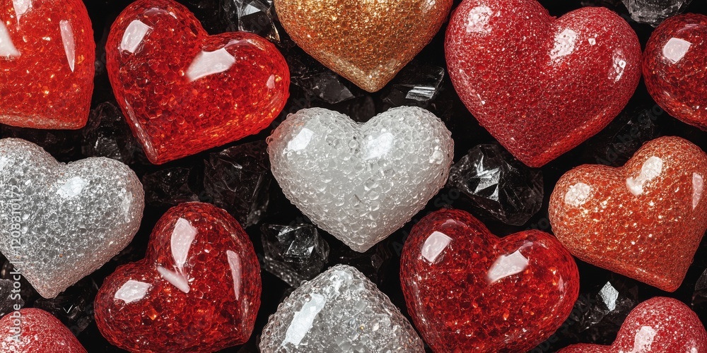 Fototapeta premium A variety of heart-shaped decorations in red, silver, and gold on a dark background.