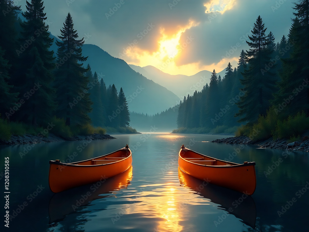 Two canoes glide through a serene Scandinavian wilderness, vibrant autumn foliage surrounding the scene. Deep, dramatic lighting casts long shadows, highlighting the rugged beauty of the landscape. Two canoes glide through a serene Scandinavian wilderness, vibrant autumn foliage surrounding the scene. Deep, dramatic lighting casts long shadows, highlighting the rugged beauty of the landscape.