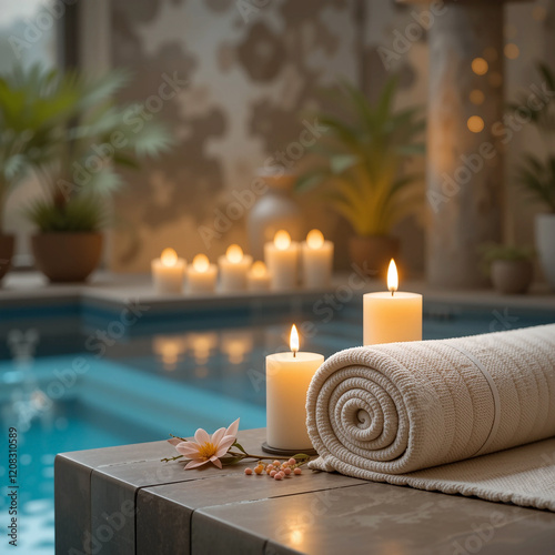 horizontally aligned calm wellness mobile advertising banner image, spa massage treatment background with aromatic candles and towel roll near a hotel pool