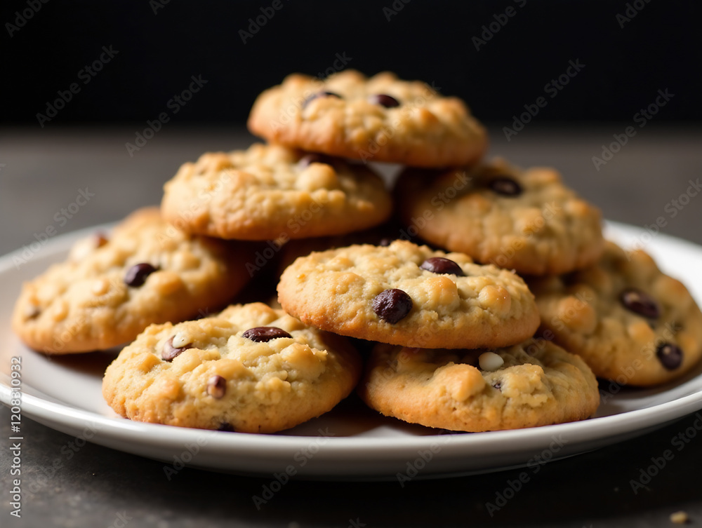 A close-up, high-quality photo of a plate of warm, golden-brown oatmeal raisin cookies. Focus on the texture, the rich color and the deliciousness. Depth of field is shallow, highlighting the cookies A close-up, high-quality photo of a plate of warm, golden-brown oatmeal raisin cookies. Focus on the texture, the rich color and the deliciousness. Depth of field is shallow, highlighting the cookies