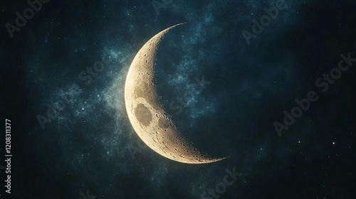 crescent moon against a dark background symbolizing celestial beauty and the wonder of astronomy with a bright tone and blurred empty space for a modern aesthetic photo