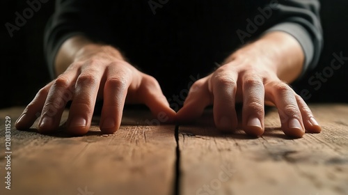 A close-up of fingers nervously tapping on a table, showing hesitation and anxiety