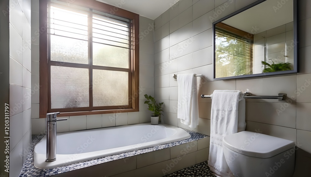 Elegant bathroom with a tiled bathtub, large mirror, and wooden accents Elegant bathroom with a tiled bathtub, large mirror, and wooden accents