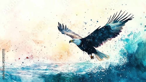 Majestic eagle soaring over ocean waves, sunrise background; freedom, nature imagery