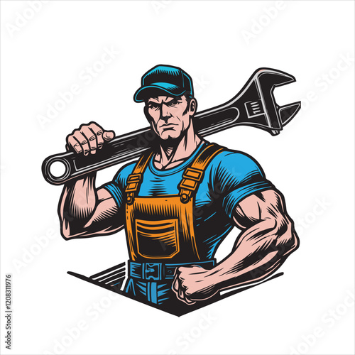 vector mechanic holding a large wrench over his shoulder