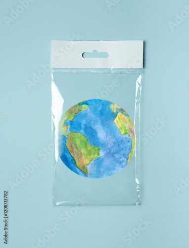 Fototapeta Naklejka Na Ścianę i Meble -  Environmental protection concept. Earth in a package on a blue background. Earth Day.