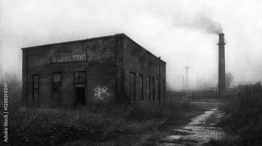 Derelict brick building and smokestack in foggy landscape. Derelict brick building and smokestack in foggy landscape.