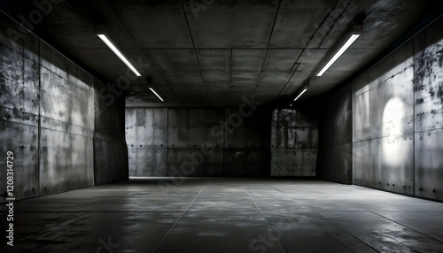 Dramatic, minimalist image of a concrete interior space.  Linear fluorescent lighting casts stark shadows on the textured walls and polished floor.
