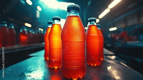 Vibrant orange beverage bottles arranged artistically in a warehouse with industrial ambiance photo