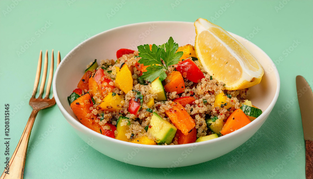 A colorful quinoa salad with roasted sweet potatoes, zucchini, bell peppers, cherry tomatoes, and fresh parsley, served in a white bowl with a lemon wedge. Perfect for vegetarian meals, clean-eating A colorful quinoa salad with roasted sweet potatoes, zucchini, bell peppers, cherry tomatoes, and fresh parsley, served in a white bowl with a lemon wedge. Perfect for vegetarian meals, clean-eating