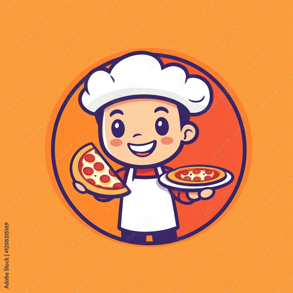 Cartoon chef holding pizza, circle background, for cooking, restaurant or food ads Cartoon chef holding pizza, circle background, for cooking, restaurant or food ads