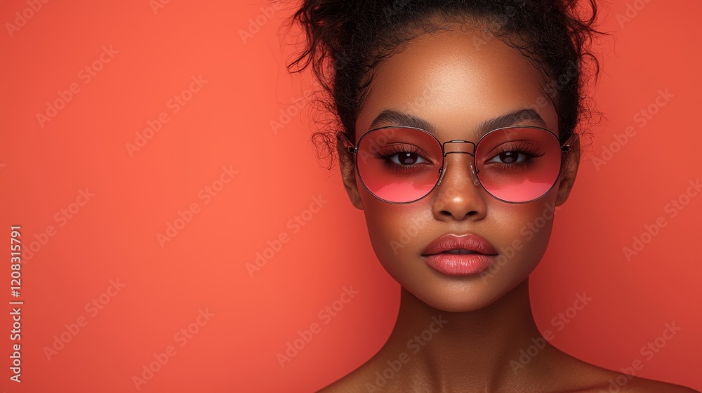 A dynamic and fashionable portrait of a self-assured woman wearing sunglasses set against a vibrant backdrop, highlighting her bold beauty and style A dynamic and fashionable portrait of a self-assured woman wearing sunglasses set against a vibrant backdrop, highlighting her bold beauty and style