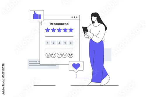 Feedback page concept. Character giving review and filling webpage form with client experience. Flat Cartoon Vector Illustration, icon. Stylish abstract 