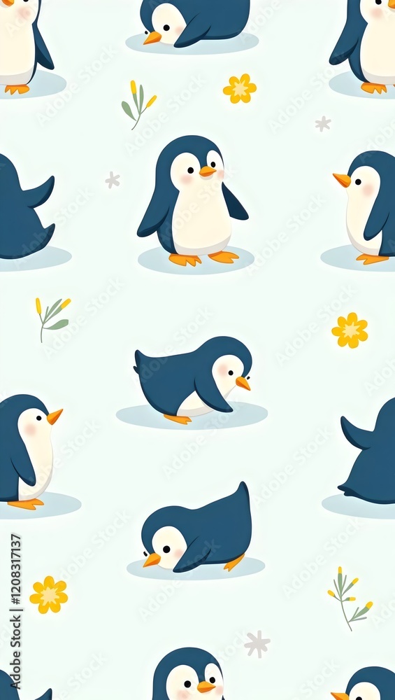 Fototapeta premium Seamless Pattern of Cute Cartoon Penguins with Minimalist Floral Accents on Light Blue Background