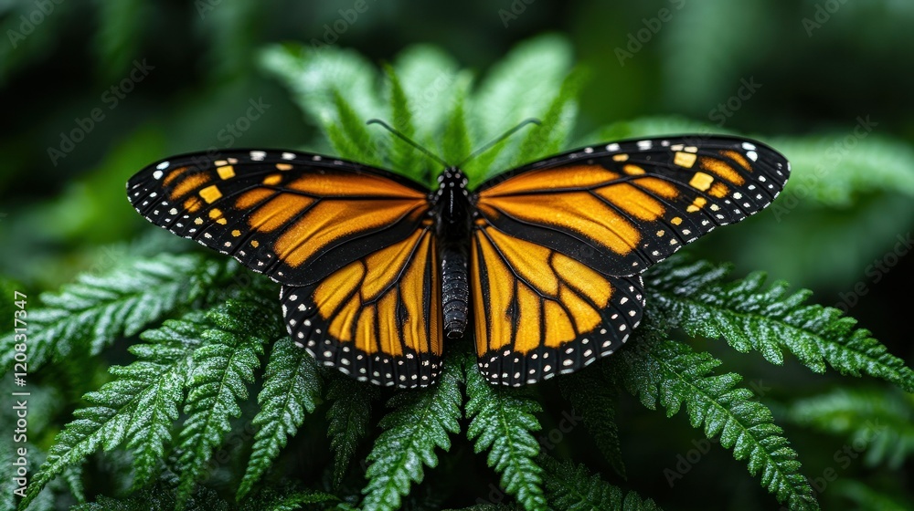Fototapeta premium Monarch Butterfly on Fern: A Vibrant Nature Close-up
