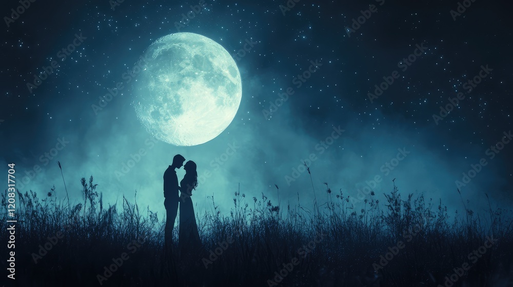 Fototapeta premium Romantic Silhouettes of Couple Under Moonlit Night Sky